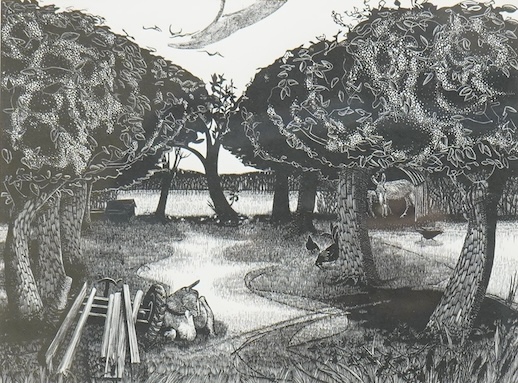 Sarah Van Niekerk (1934-2018), ‘Priding Farm’, signed in pencil, limited edition 48/100, woodcut, 17 x 22.5cm